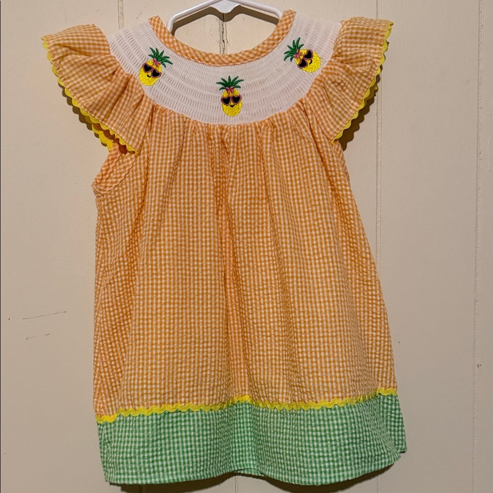 Yellow Gingham Girls Dress with Green Hem and White Smocked Yoke